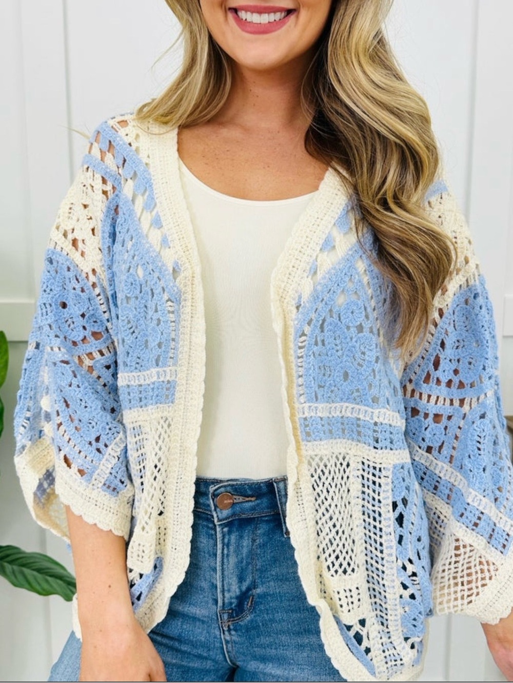 POL Crochet Open-Front Cardigan in Cream and Light Blue